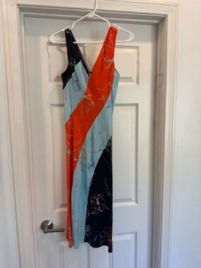 DVF Colorblock Floral Slip Dress in Orange, Light Blue & Black